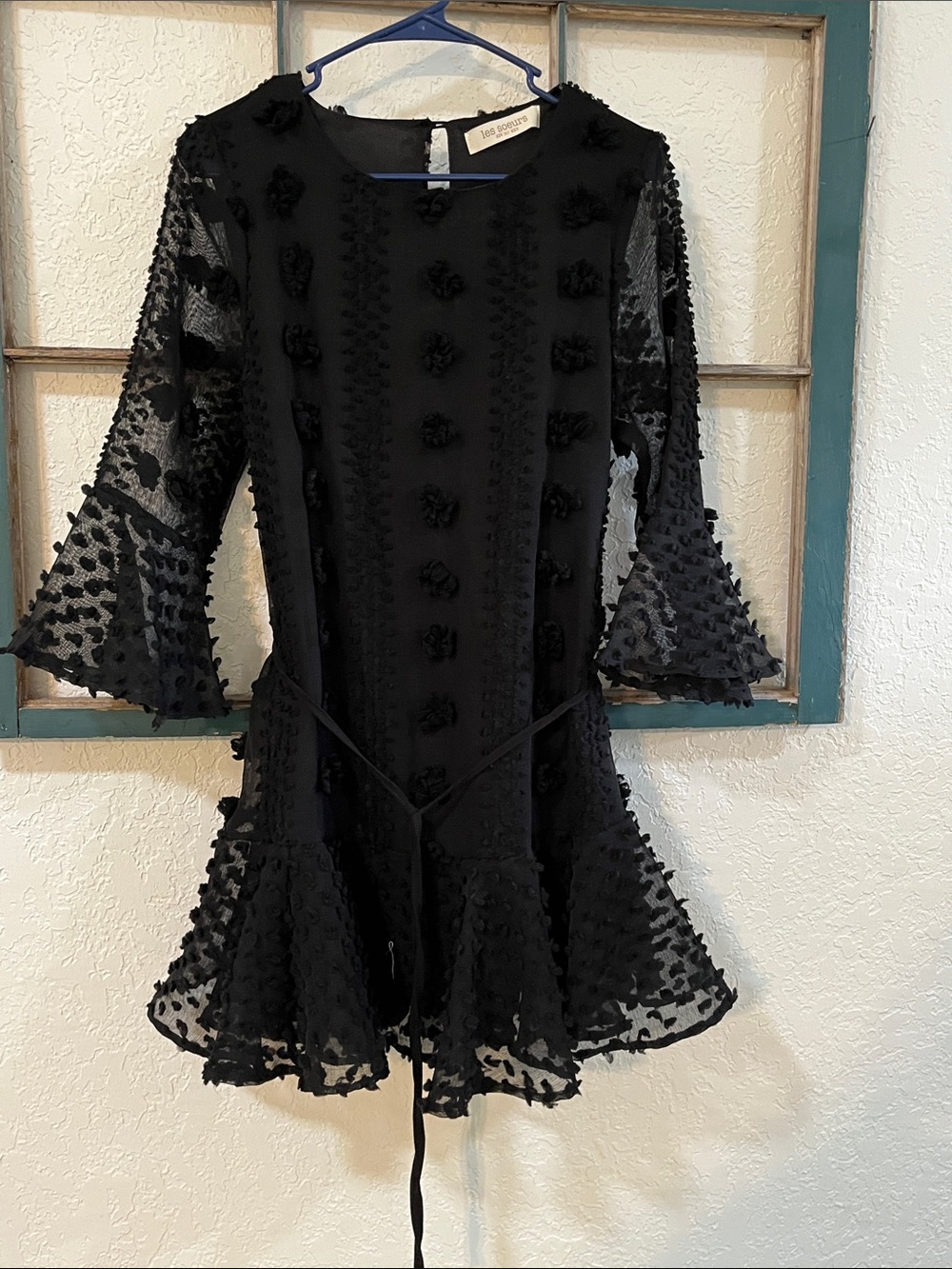 Les Soeurs Black Long Sleeve Textured Mini Dress with Bell Sleeves Lines Size S